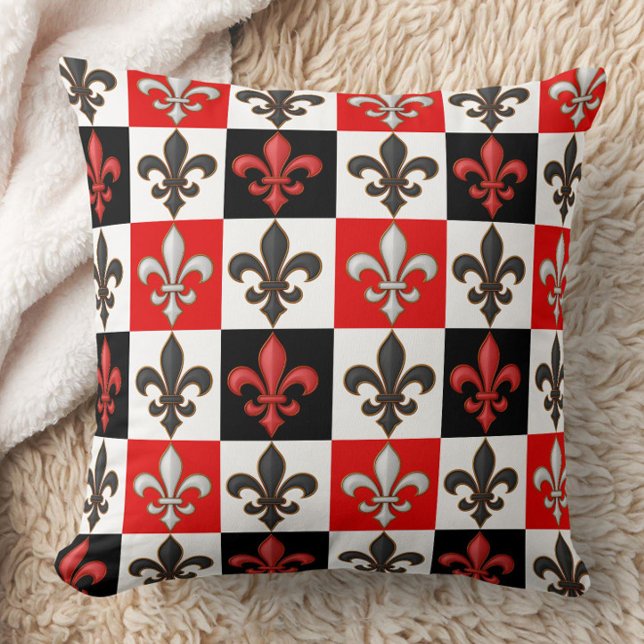 Red Schwarz-weiß Checkered Fleur-de-lis-Design Kissen (Von Creator hochgeladen)