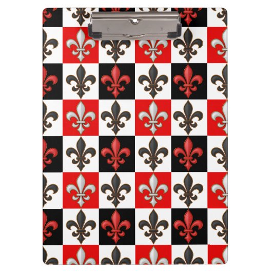 Red Schwarz-weiß Checkered Fleur-de-lis-Design Klemmbrett (Vorderseite)