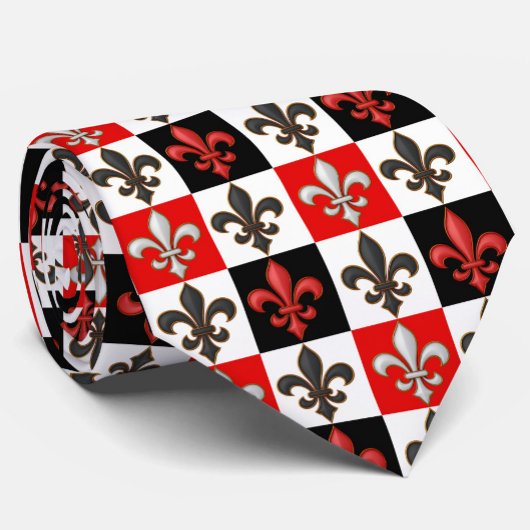 Red Schwarz-weiß Checkered Fleur-de-lis-Design Krawatte