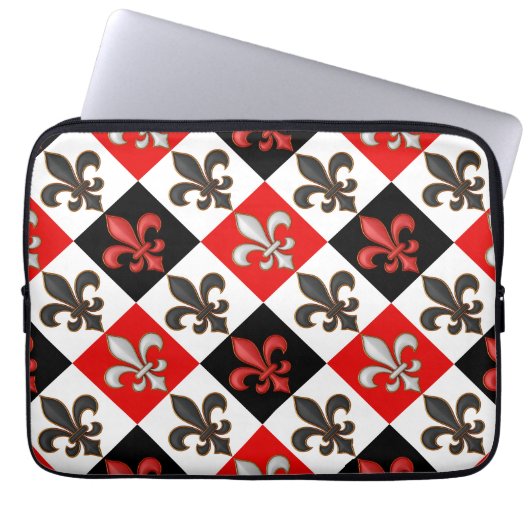 Red Schwarz-weiß Checkered Fleur-de-lis-Design Laptopschutzhülle (Vorderseite)