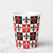 Red Schwarz-weiß Checkered Fleur-de-lis-Design Pappbecher (Rückseite)