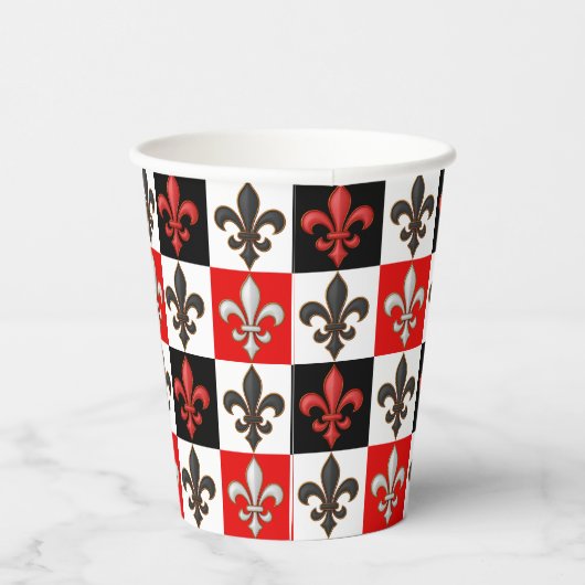 Red Schwarz-weiß Checkered Fleur-de-lis-Design Pappbecher (Rechts)