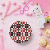 Red Schwarz-weiß Checkered Fleur-de-lis-Design Pappteller (Party)