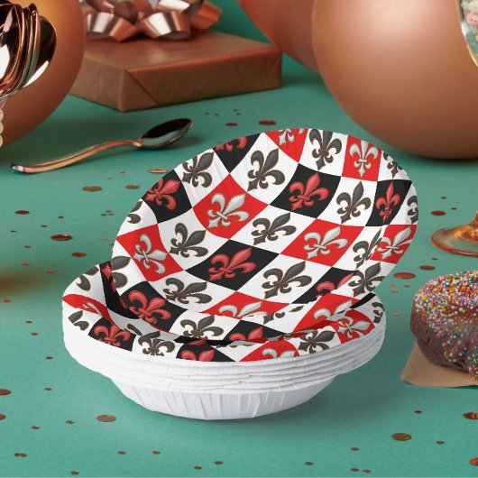 Red Schwarz-weiß Checkered Fleur-de-lis-Design Pappteller