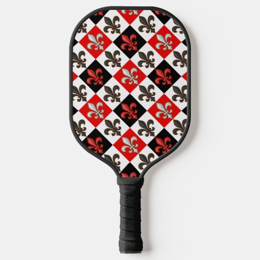 Red Schwarz-weiß Checkered Fleur-de-lis-Design Pickleball Schläger (Vorderseite)