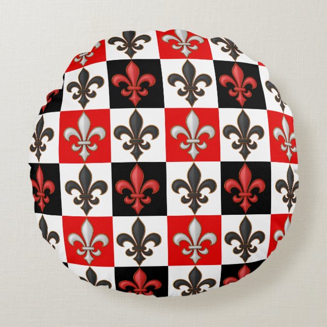 Red Schwarz-weiß Checkered Fleur-de-lis-Design Rundes Kissen (Vorderseite)