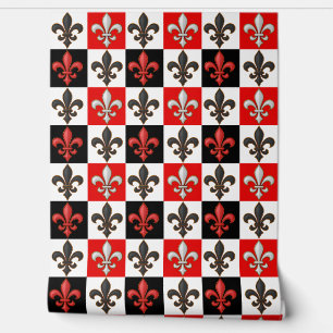 Red Schwarz-weiß Checkered Fleur-de-lis-Design Tapete