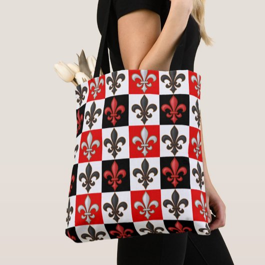 Red Schwarz-weiß Checkered Fleur-de-lis-Design Tasche
