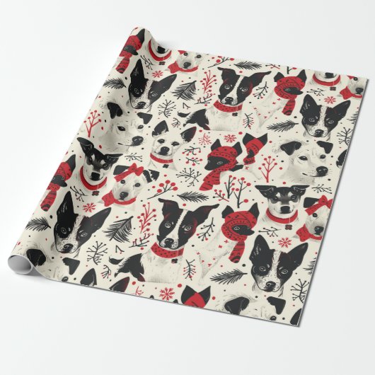 Red Schwarz-weiß Christmas Dogs Theme Pattern Geschenkpapier (Ungerollt)