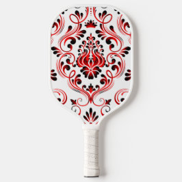 Red Schwarz-weiß Damask Floral Pickleball Schläger