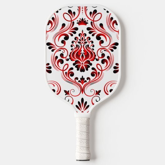 Red Schwarz-weiß Damask Floral Pickleball Schläger (Vorderseite)