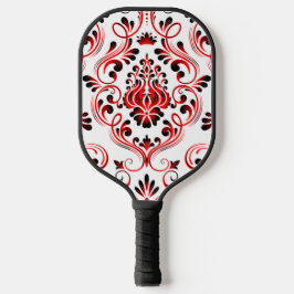 Red Schwarz-weiß Damask Floral Pickleball Schläger