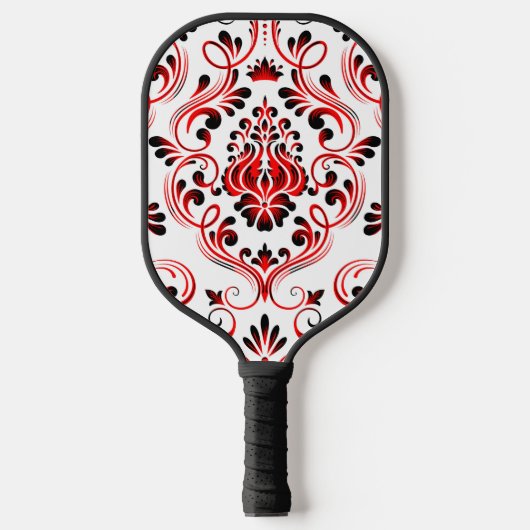 Red Schwarz-weiß Damask Floral Pickleball Schläger (Vorderseite)