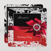 Red Schwarz-weiß Floral Birthday Party Einladung (Vorne/Hinten)