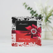 Red Schwarz-weiß Floral Birthday Party Einladung (Stehend Vorderseite)