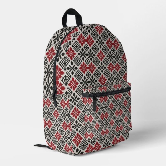 Red Schwarz-weiß Geometric Folk Pattern Bedruckter Rucksack (Rückseitige Ecke links)