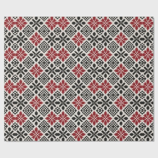 Red Schwarz-weiß Geometric Folk Pattern Geschenkpapier (Flach)
