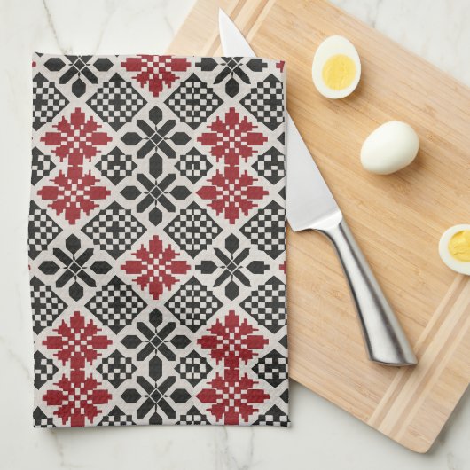 Red Schwarz-weiß Geometric Folk Pattern Geschirrtuch (Viertel Falte)