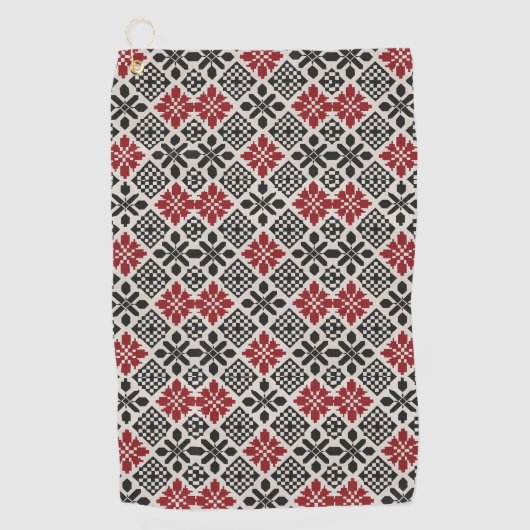 Red Schwarz-weiß Geometric Folk Pattern Golfhandtuch (Vorderseite)