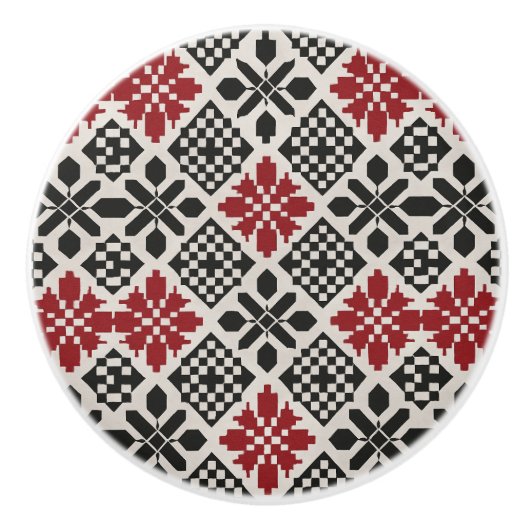Red Schwarz-weiß Geometric Folk Pattern Keramikknauf (Vorderseite)