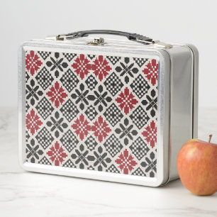 Red Schwarz-weiß Geometric Folk Pattern Metall Brotdose
