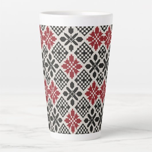 Red Schwarz-weiß Geometric Folk Pattern Milchtasse (Vorderseite)