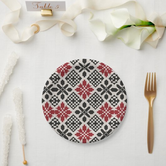 Red Schwarz-weiß Geometric Folk Pattern Pappteller (Hochzeit)