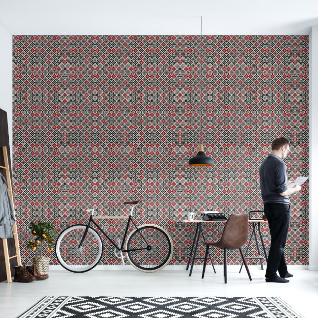 Red Schwarz-weiß Geometric Folk Pattern Tapete (Wohnbereich)