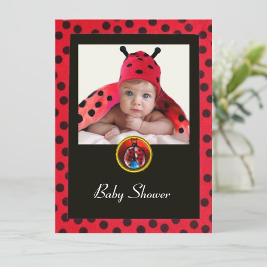 RED SCHWARZ-WEISS LADYBUG Monogramm Foto-Vorlage Einladung (Stehend Vorderseite)