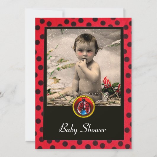 RED SCHWARZ-WEISS LADYBUG Monogramm Foto-Vorlage Einladung (Vorderseite)