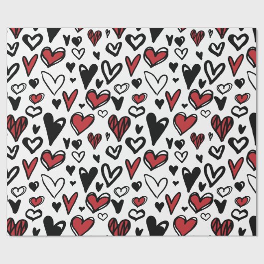 Red Schwarz-weiß Pattern Hearts Geschenkpapier (Flach)