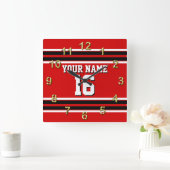 Red Schwarz-weiß Team Jersey Name Quadratische Wanduhr (Zuhause)