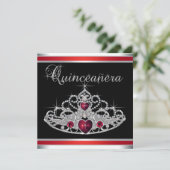 Red Schwarz-weiß Tiara Quinceanera Einladung (Stehend Vorderseite)
