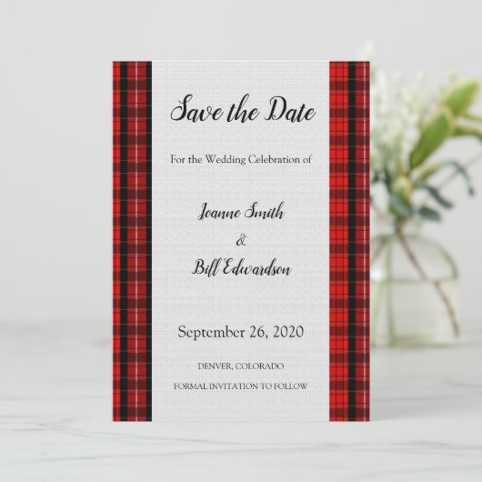 Red Scott Tartan Burlap Muster Save the Date (Stehend Vorderseite)