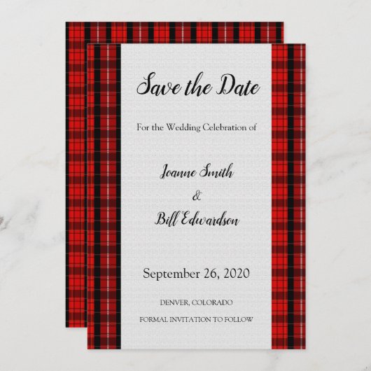 Red Scott Tartan Burlap Muster Save the Date (Vorne/Hinten)