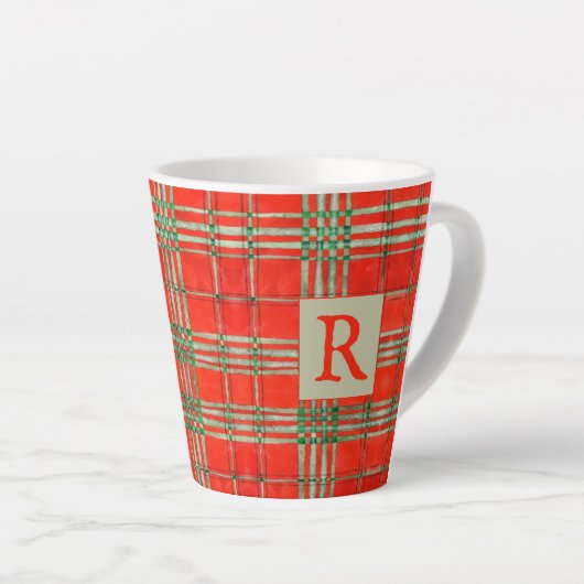 RED SCOTT TARTAN Latte Tasse + Initial (Rechte Ecke)