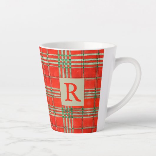 RED SCOTT TARTAN Latte Tasse + Initial (Rechts)