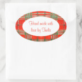 RED SCOTT TARTAN Oval "Hand Made Stickers" Ovaler Aufkleber (Tasche)