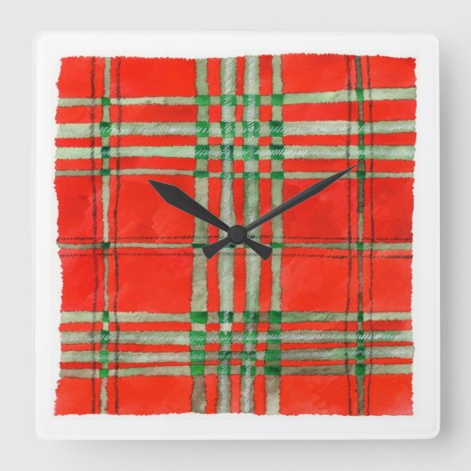 RED SCOTT TARTAN Square Acrylic Wall Clock Quadratische Wanduhr (Vorderseite)