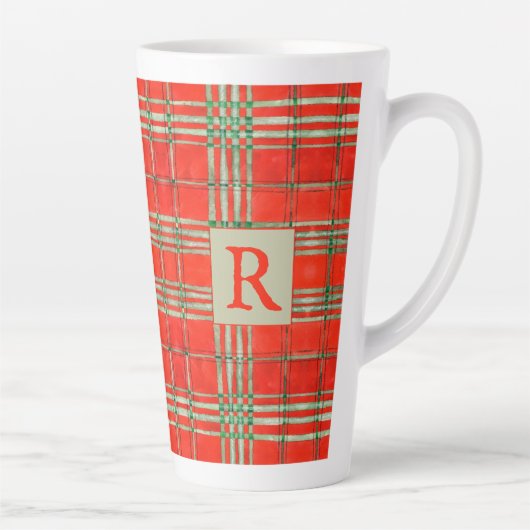 RED SCOTT TARTAN Tallenge Latte Tasse + Initial (Rechts)