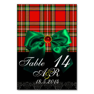 RED SCOTTISH TARTAN MIT GRÜNEM BOW MONOGRAM TISCHNUMMER