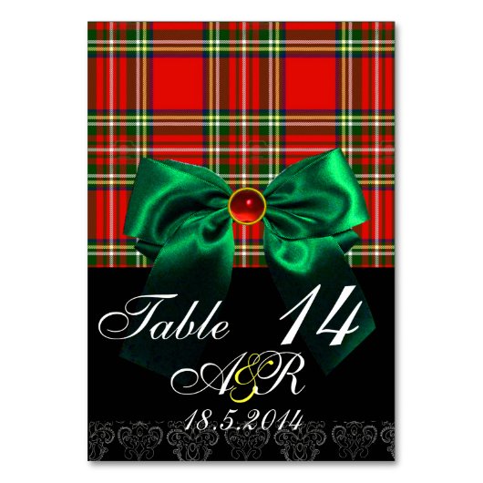 RED SCOTTISH TARTAN MIT GRÜNEM BOW MONOGRAM TISCHNUMMER (Rückseite)
