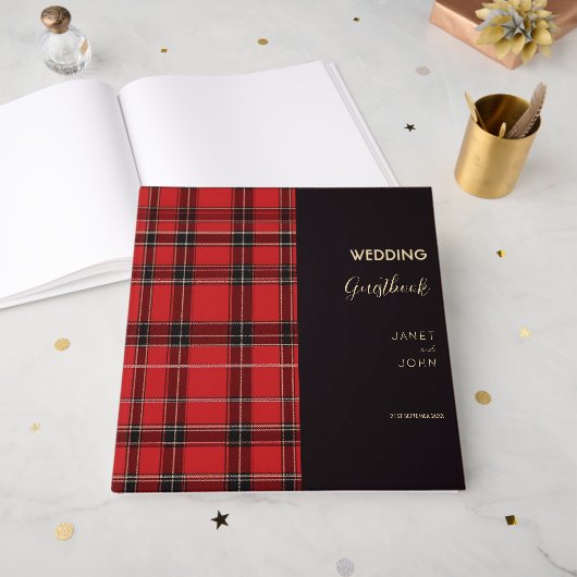 Red Scottish Tartan Wedding Gästebuch (Vorderseite offen)