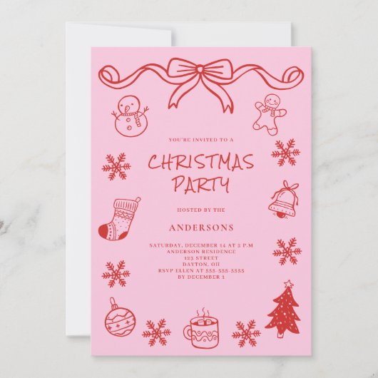Red Scribble Hand Zeichnen Weihnachtsfest Party Einladung (Vorderseite)