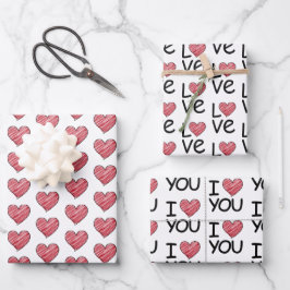 Red Scribble Heart and I Love You Script Pattern Geschenkpapier Set
