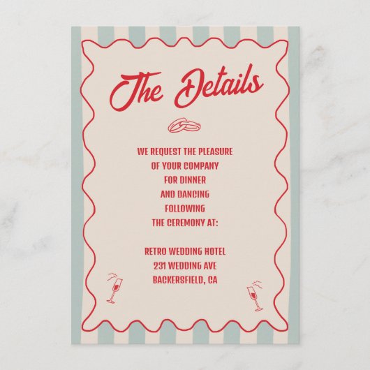 Red Script Blue Line QR Code Retro Wedding Details Begleitkarte (Vorderseite)