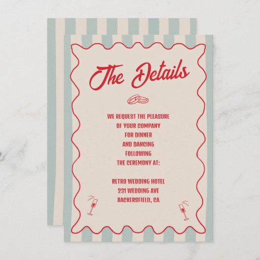 Red Script Blue Line QR Code Retro Wedding Details Begleitkarte (Vorne/Hinten)