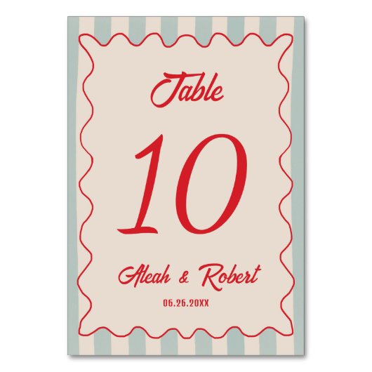 Red Script Blue Line Retro Wedding Table Number Tischnummer (Vorderseite)