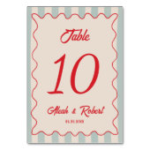 Red Script Blue Line Retro Wedding Table Number Tischnummer (Rückseite)