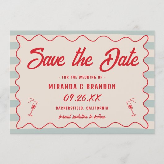 Red Script Blue Lines Retro QR Code Save the Date Einladung (Vorderseite)